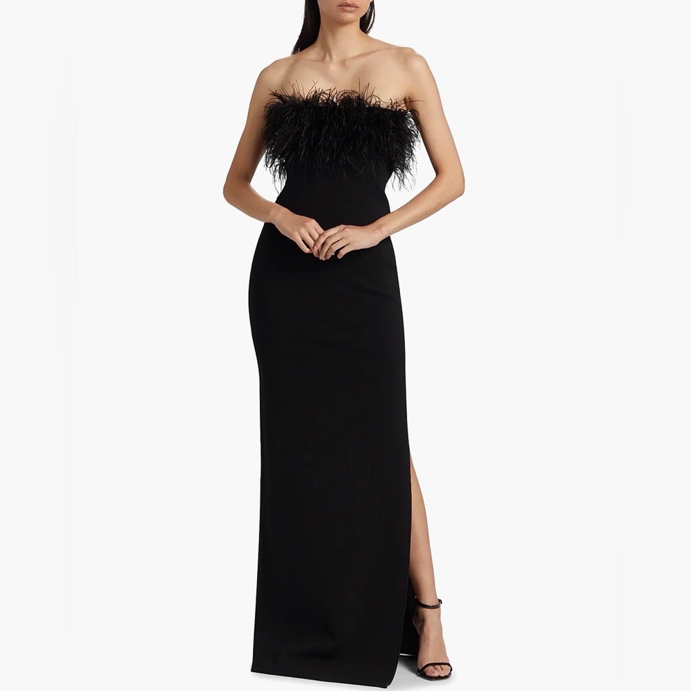 ML Monique Lhuillier Black Lisette Feather Strapless Maxi Gown XS